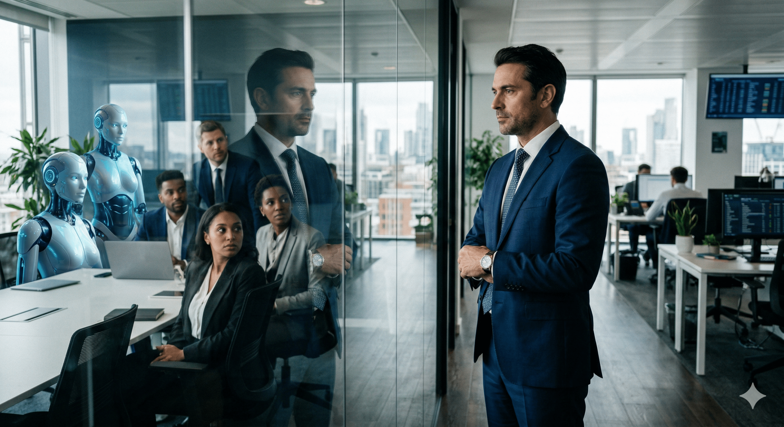 Executive looking into a conference room, seeing his reflection